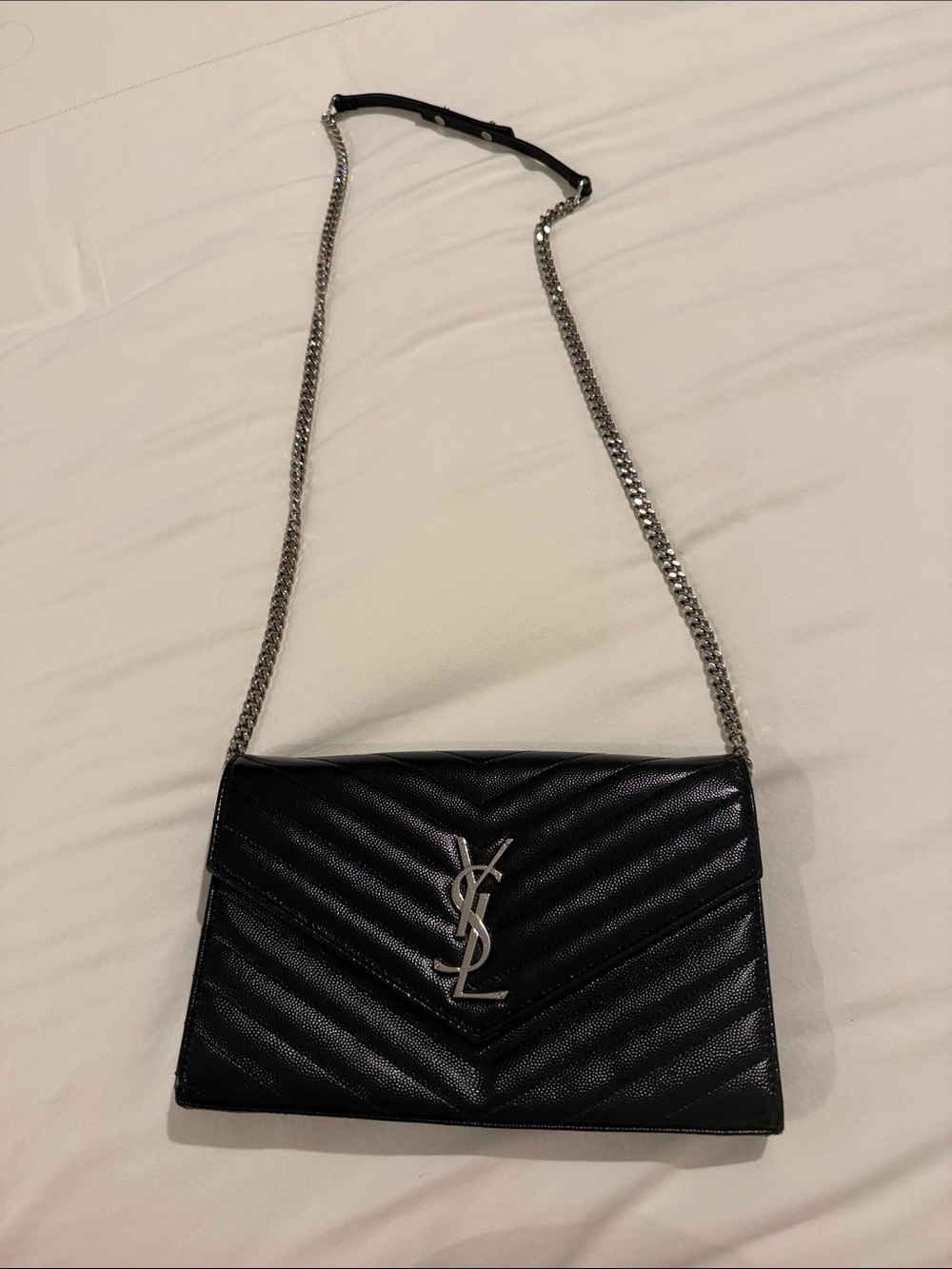Saint Laurent Black Chevron Quilted Leather Chain Shoulder Bag with Silver YSL